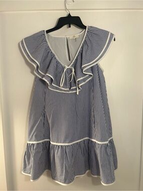 entro Blue & White Striped Coastal Charm Ruffle Tie-Front Dress Small